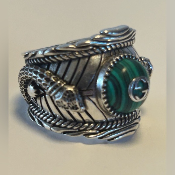 GUCCI Malachite Stone Gucci Garden Snake Tiger Heavy 925 Silver Ring 8.75US RARE - Picture 7 of 12